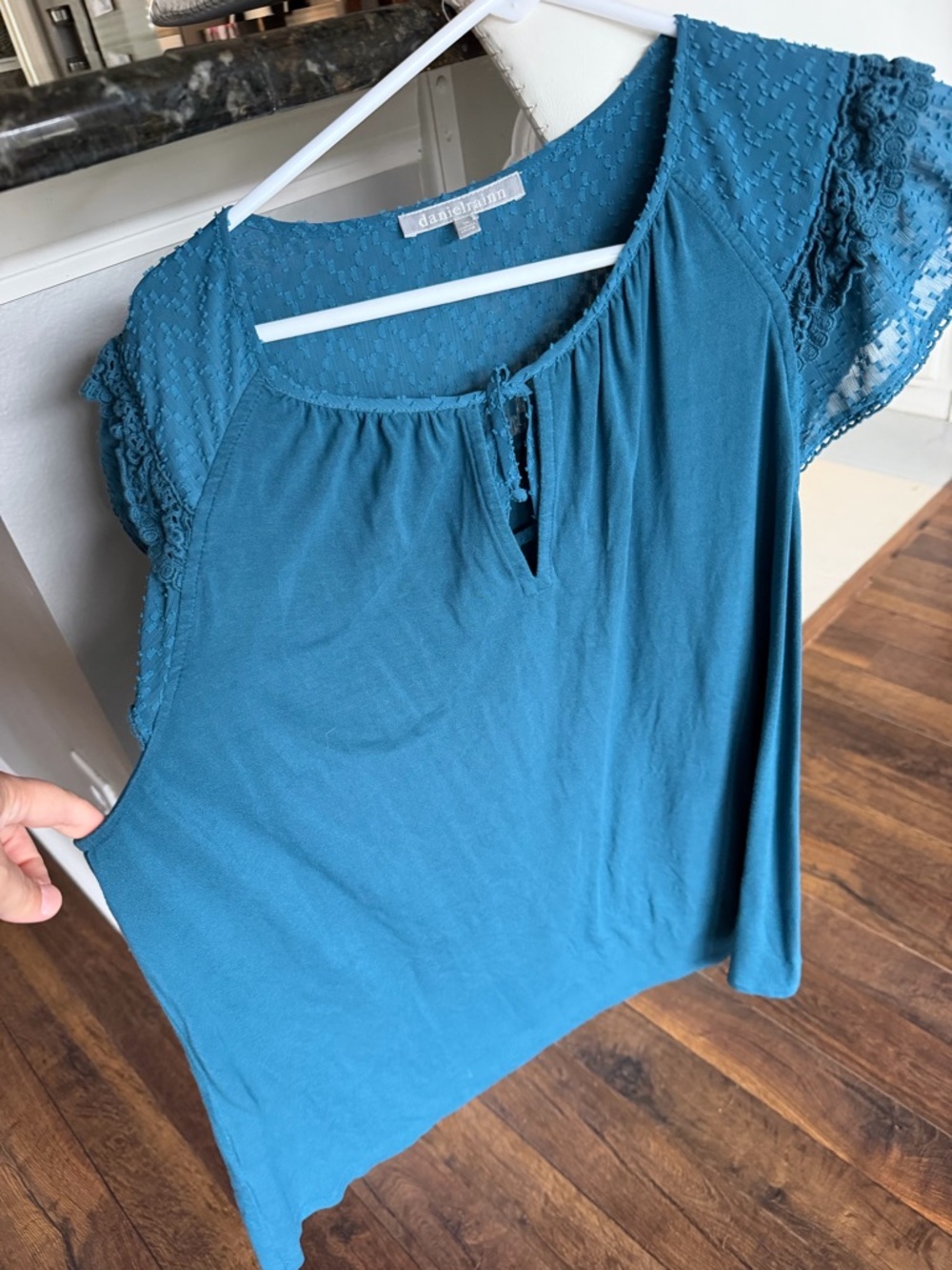 Daniel Rainn Teal Lace Sleeve Keyhole Top